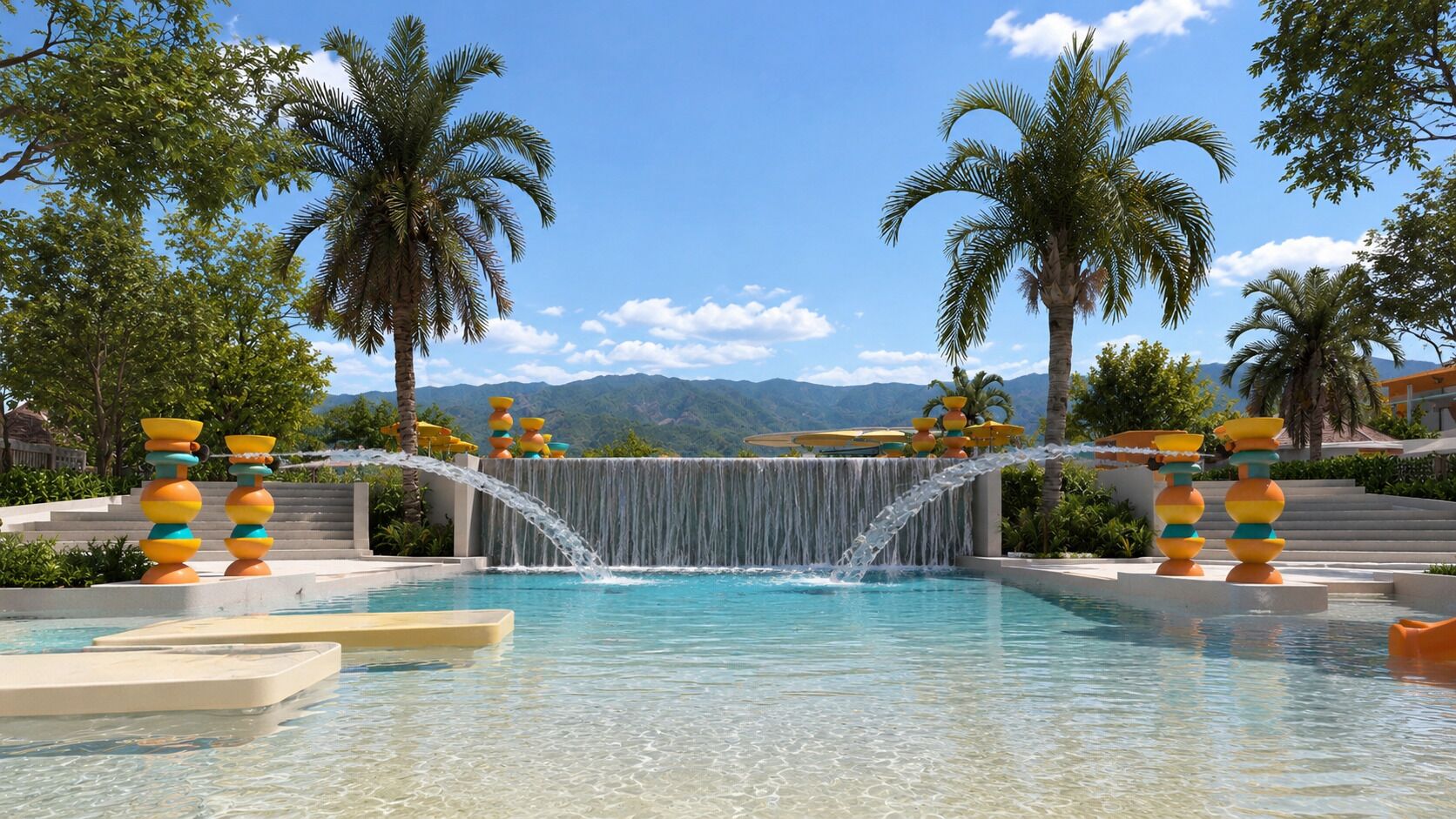 Piscina com cachoeira, palmeiras e montanhas ao fundo.