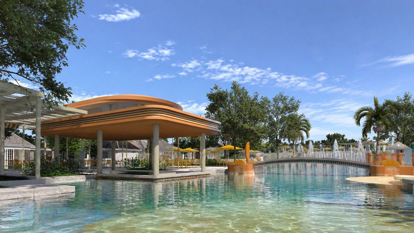 A swimming pool with a covered area, palm trees, and a clear sky.