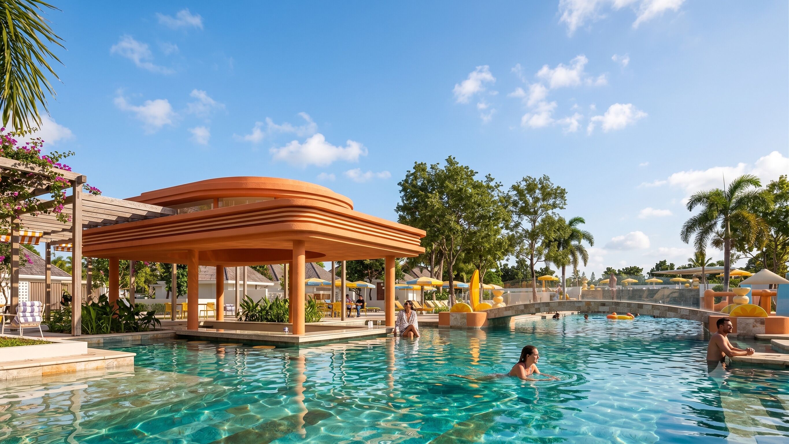 Una piscina con zona cubierta, sillas de descanso y palmeras.