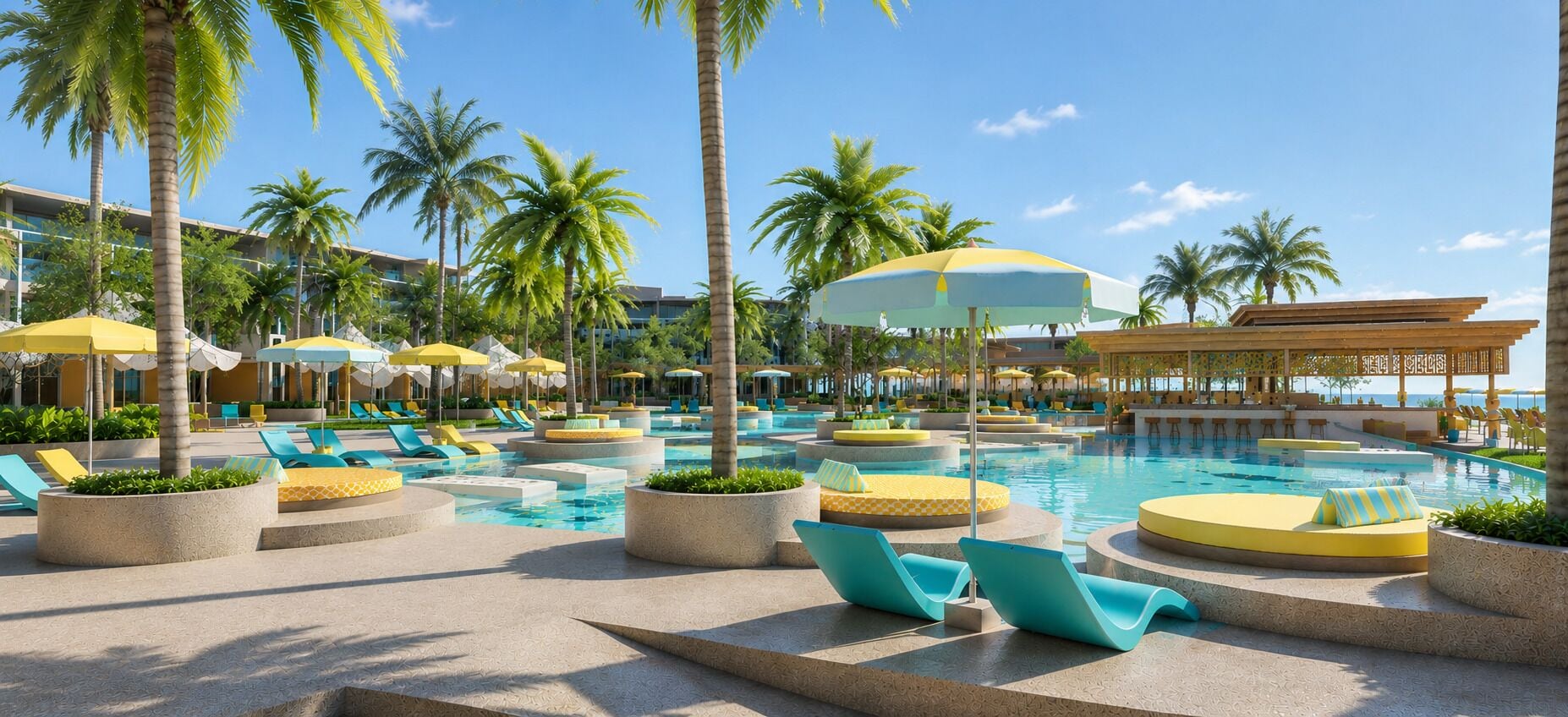Zona de piscina en un resort con múltiples sillones de descanso y sombrillas, rodeada de palmeras y un cielo despejado.