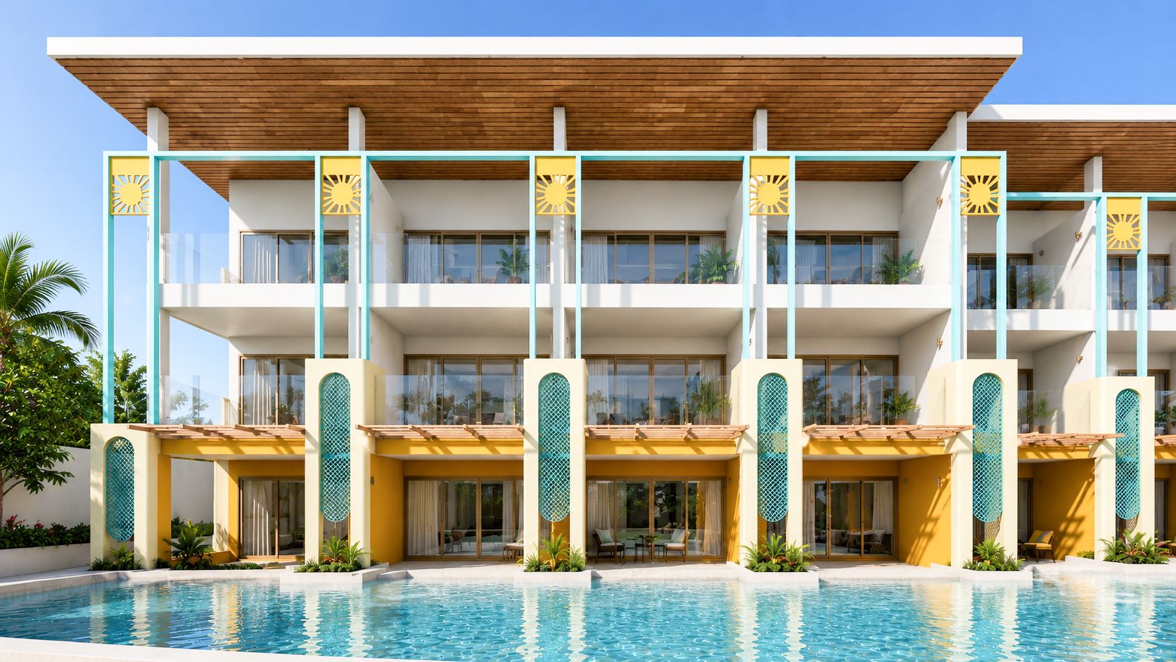A modern hotel with multiple balconies, a swimming pool, and a tropical garden.