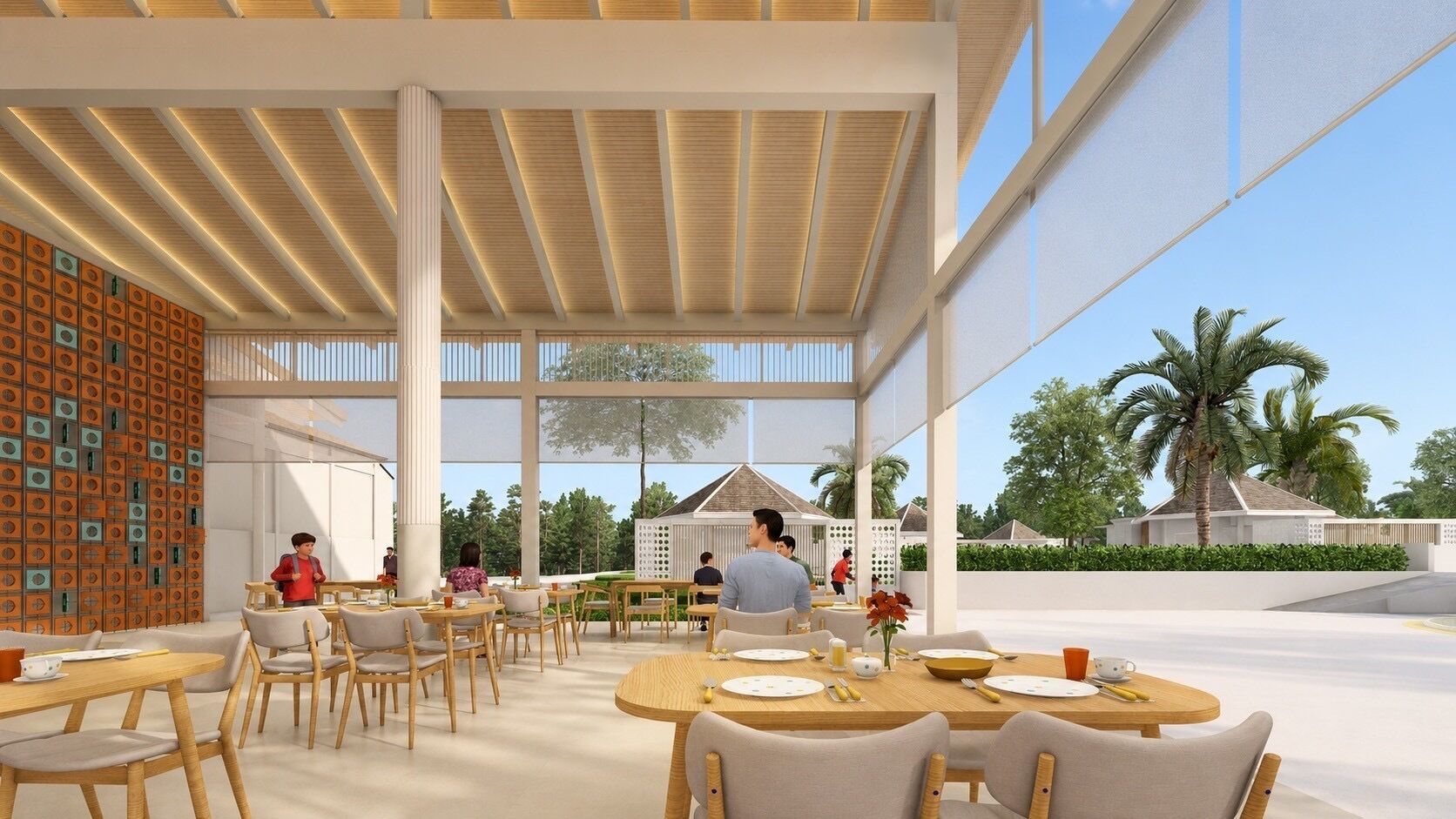 An indoor dining area with tables and chairs, large windows, and a view of the outdoors.
