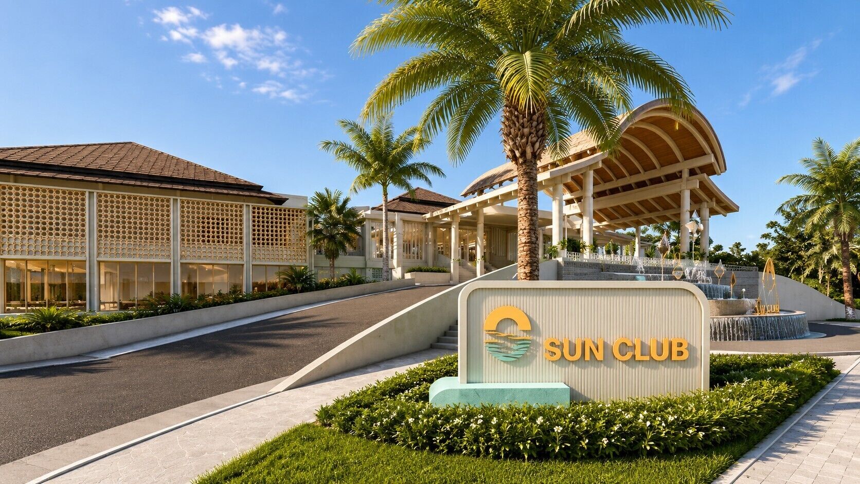 Entrada de un hotel con un letrero que dice 'SUN CLUB', palmeras y un corredor cubierto.