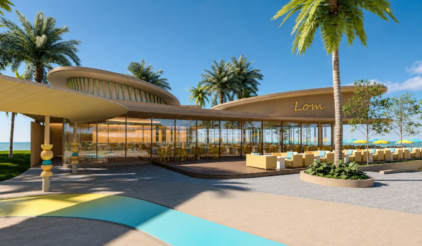 Et moderne hotel med en buet facade, udendørs siddepladser og palmer.