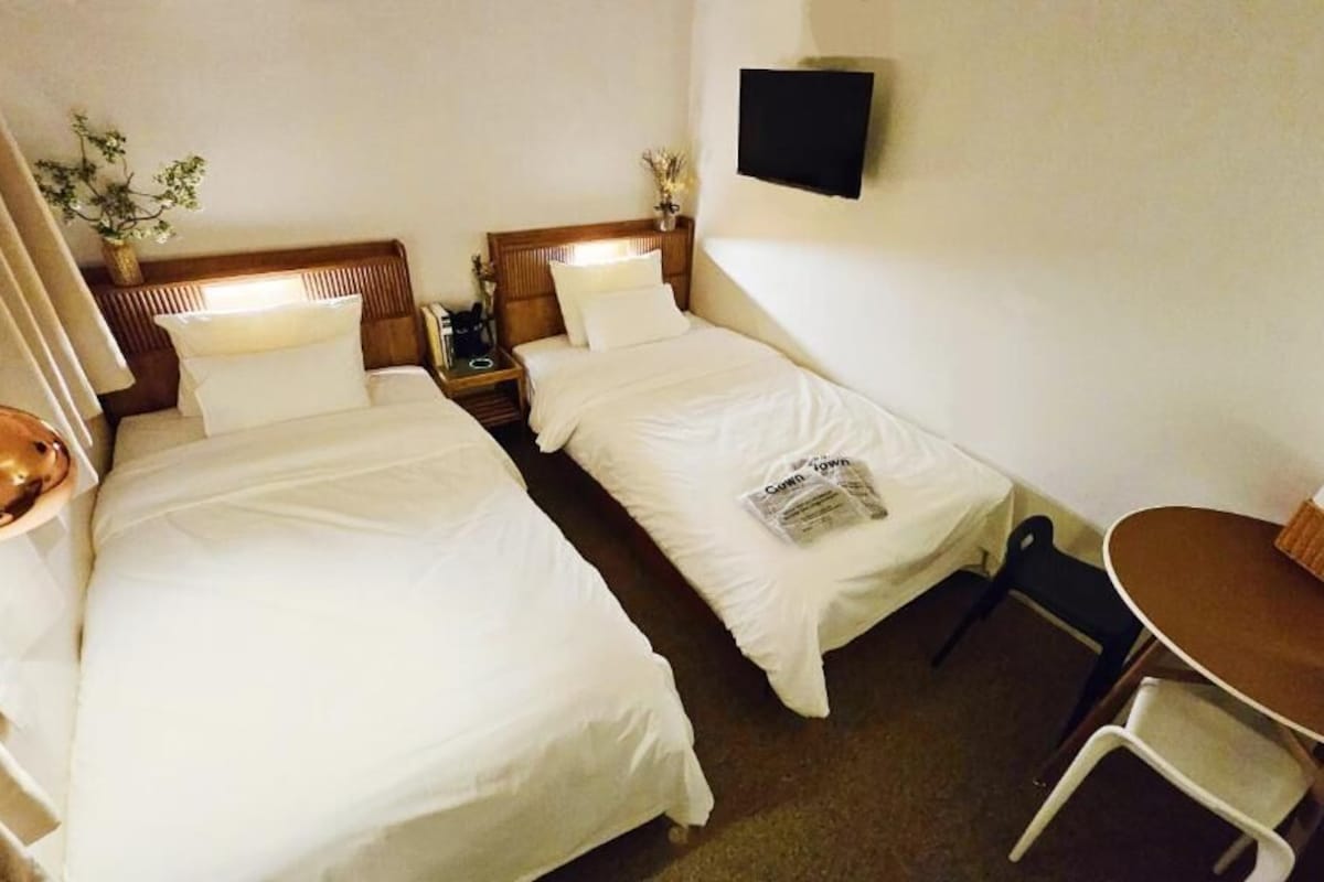 A hotel room with two beds, a small table, a chair, a TV mounted on the wall, and a plant on the nightstand.