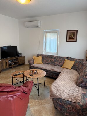 A living room with a sofa, a coffee table, a television, and an air conditioning unit.