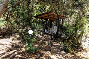 A covered wooden structure with steps leading to a stone wall, surrounded by dense foliage. - Casa Orizzonte-Vista Sul Mare Del Circeo (Punta Rossa)