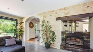 Ein modernes Wohnzimmer mit Kamin, einer Couch und einer großen Kühlpflanze.