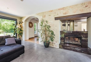 A modern living room with a fireplace, a sofa, and a large potted plant. - House in Bouyssou - Nature and Elegant (Viterbe)