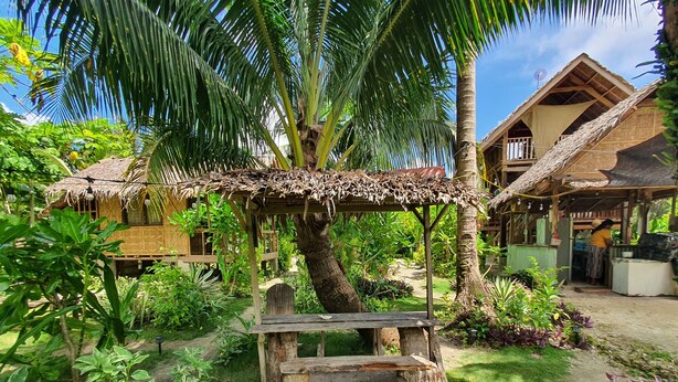 A rustic outdoor area with a wooden bench, a thatched structure, and a variety of tropical plants. - Coleto Siargao (Rodriguez)