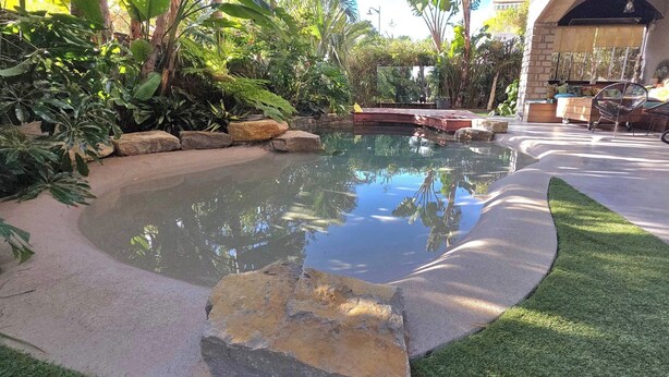 Una piscina rodeada de plantas tropicales y un sendero de piedra.
