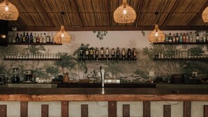 Zona de bar con mostrador de madera, taburetes, lámparas colgantes de mimbre y estantes con botellas.