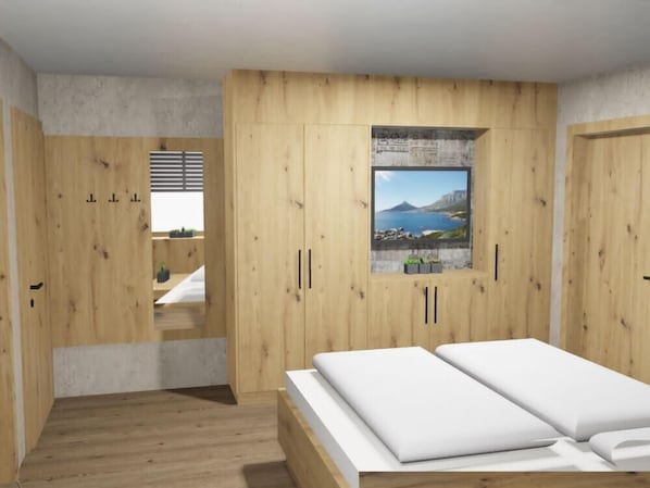 Ein Schlafzimmer mit Holzwand, einem Bett, einem Fenster mit Blick und einer kleinen Treppe.