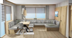 Ein modernes Zimmer mit einem Holztisch, einer eingebauten Bank und einem Sofa.