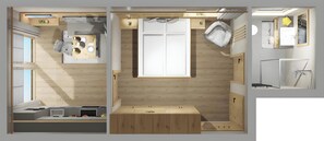 Eine moderne Küche mit Holzschränken, einer Kochinsel und einem großen Fenster.