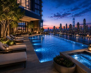 A rooftop pool with lounge chairs, a city skyline view, and a modern building facade. - Sutera Avenue by Kota Kinabalu (Kota Kinabalu)