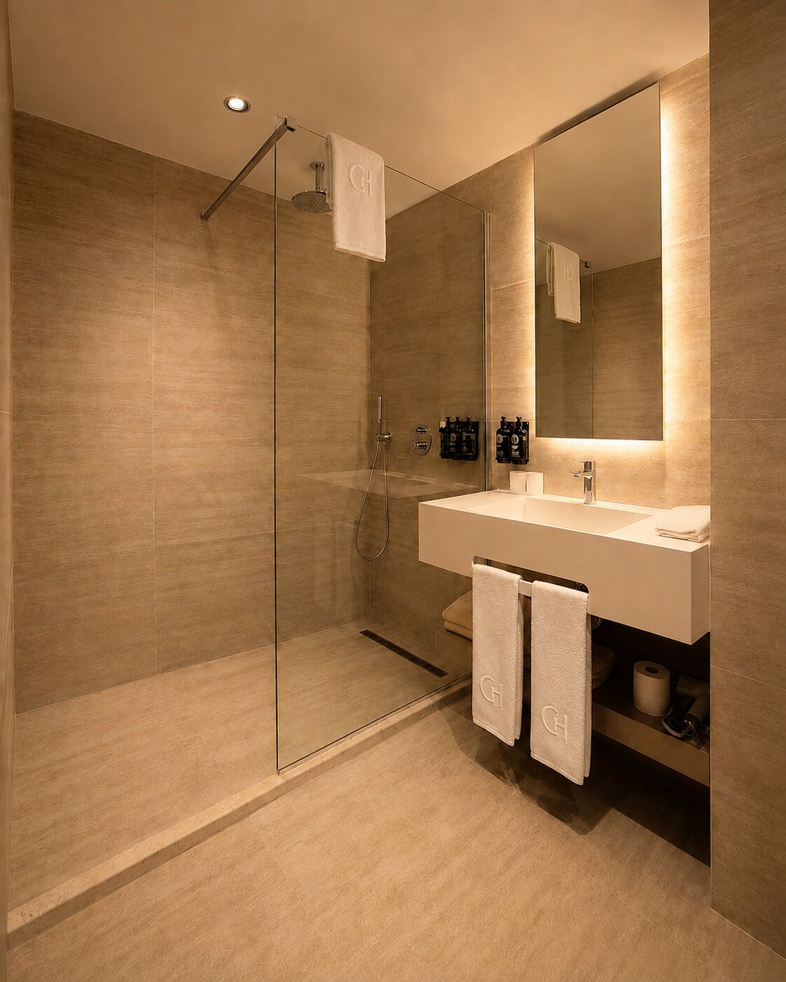 Shower, free toiletries, hair dryer, towels