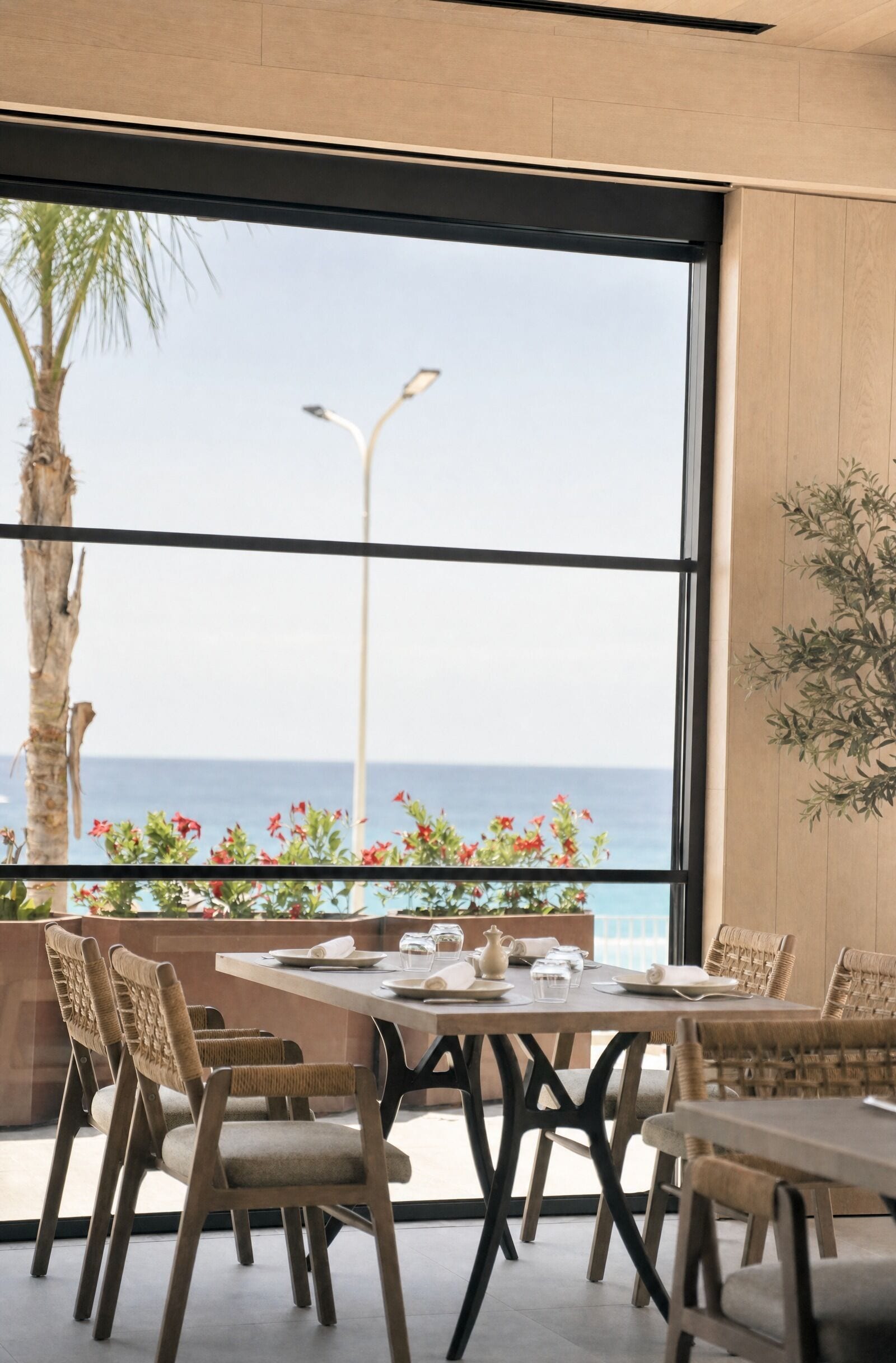 A dining area with a view of the sea, featuring a table set for four, wicker chairs, and a large window.