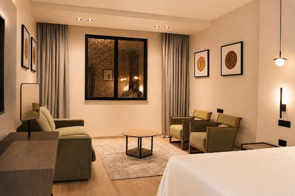 A hotel room with a bed, two sofas, a small table, and a window with curtains.