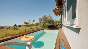 En swimmingpool med ett trädäck, en livboj och en poolborste.