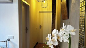 A hallway with a wooden floor, a white door, a wall-mounted air conditioner, a hanging light fixture, and a potted orchid on a wooden table. - Florianska DeLux Annex 2-bedroom apartment with AC in Old Town Kraków (Kraków)