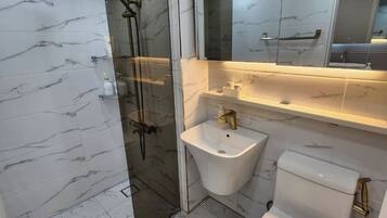 Hair dryer, towels, soap, toilet paper