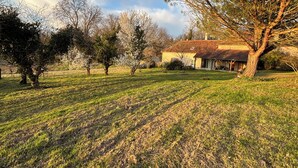 Een woonhuis met een groot gazon, een vrijstaand huis met een veranda en volwassen bomen.