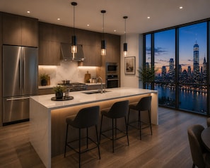 A modern kitchen with a large island, bar stools, stainless steel appliances, and a view of the city skyline at dusk. - Lucentia Residence by Bukit Bintang (Kuala Lumpur)