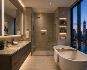 A modern bathroom with a bathtub, shower, and dual sinks. - Lucentia Residence by Bukit Bintang (Kuala Lumpur)