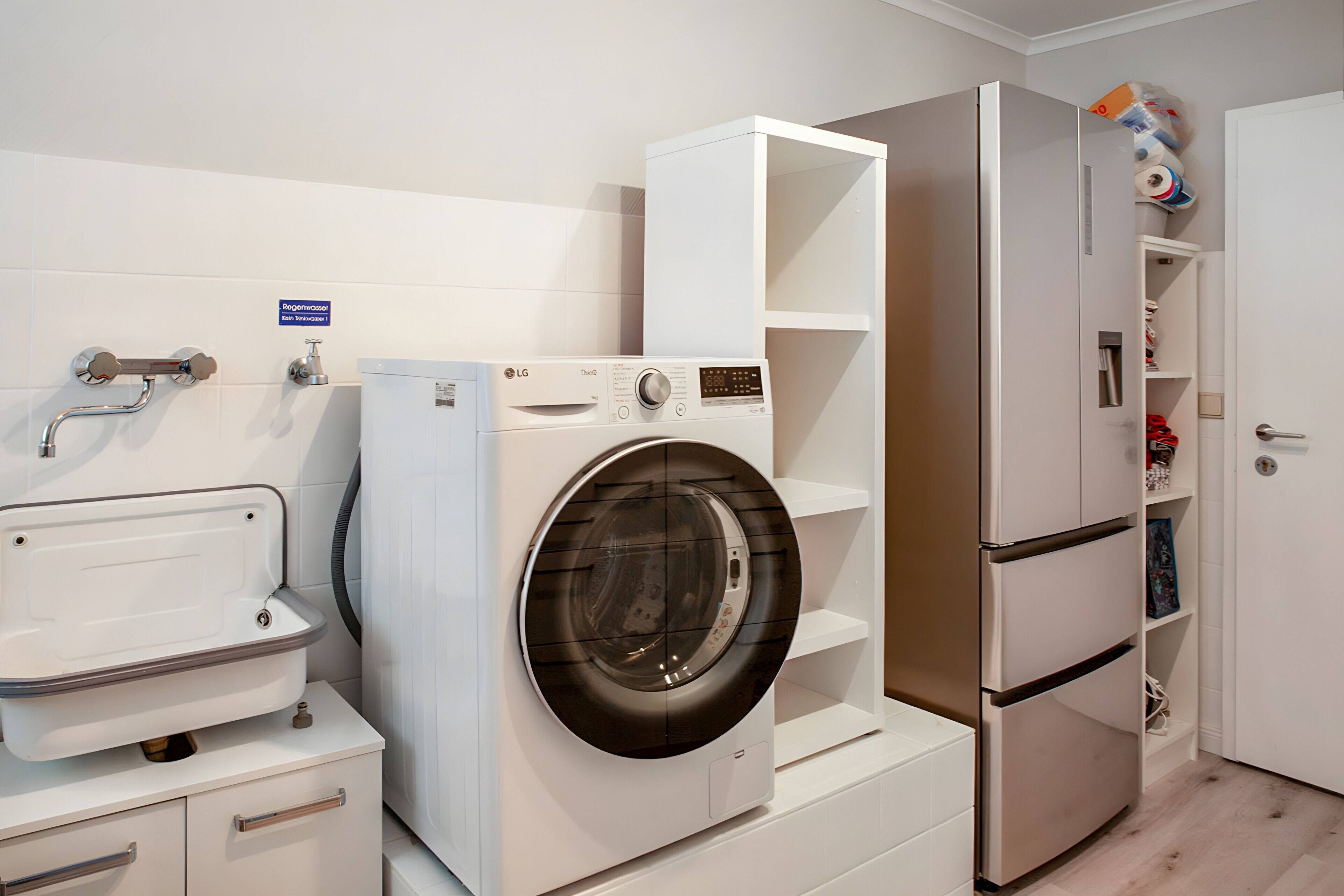 A laundry room with a washing machine, a sink, and a refrigerator.