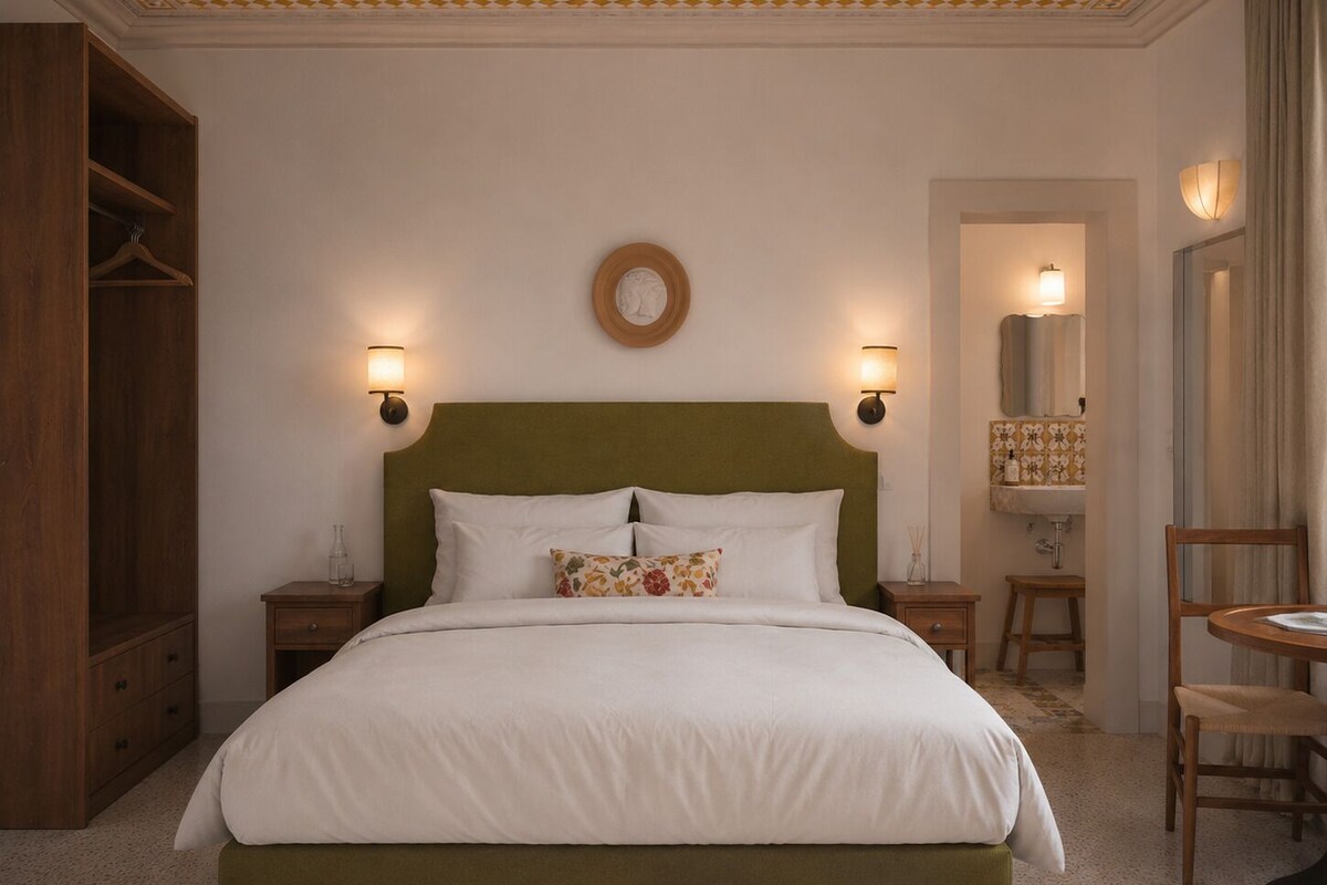 Une chambre d’hôtel avec un grand lit, deux tables de chevet, une armoire, un miroir rond et une petite table ronde.