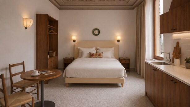 Une chambre à coucher comprenant un lit, des tables de chevet, une table ronde avec des chaises, une armoire et une vue sur l’extérieur par une fenêtre.