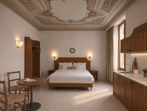 A bedroom with a bed, bedside tables, a round table with chairs, a wooden wardrobe, and a kitchen area with a sink and cabinets. - Anchor Santa Croce (Firenze)