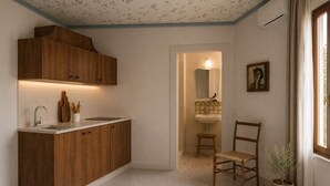 Une cuisine avec des meubles de rangement en bois, un évier et un plan de travail. On y trouve une chaise et une plante en pot.