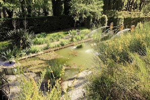 A garden with a pond, benches, and a variety of plants. - Mas de l'Amarine (St.-Remy-de-Provence)