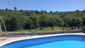 Ein Pool mit Steinrand, umgeben von einer Rasenfläche und Bäumen.