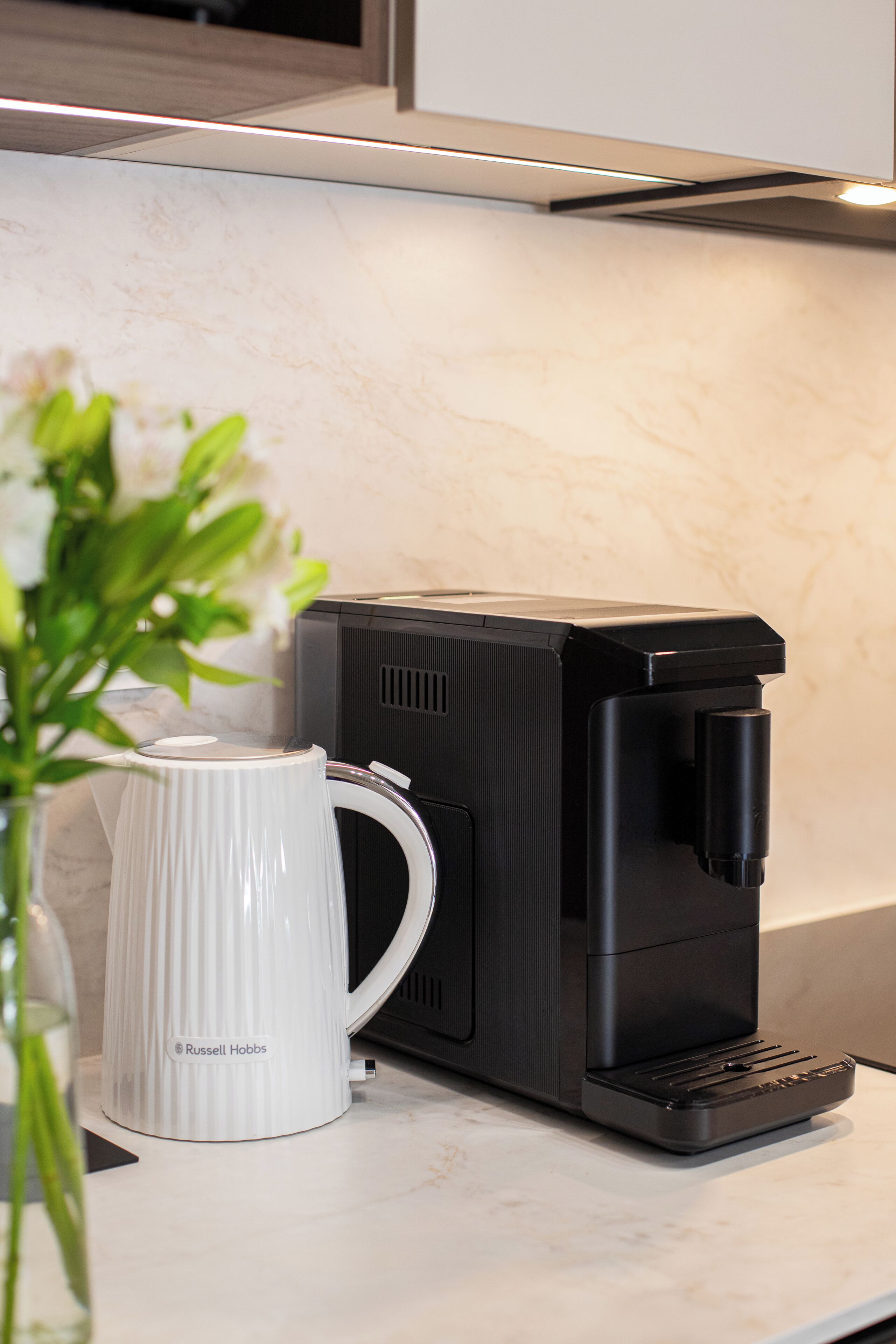 Eine Kaffeemaschine auf einer Küchenarbeitsplatte mit einer weißen Tasse mit dem Aufdruck 'Russell Hobbs' und einem Topf mit grünen Blättern.