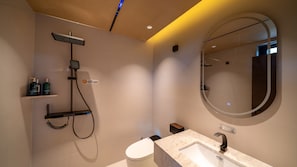 A modern bathroom with a shower, toilet, and sink.