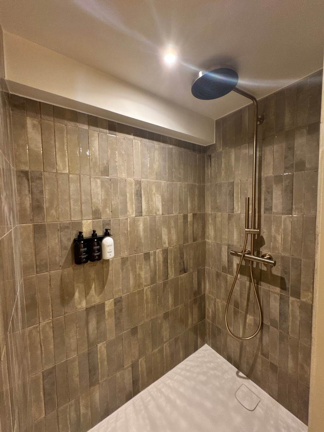 Una ducha moderna con cabezal de ducha manual, mampara de vidrio y toallero adherido a la pared.