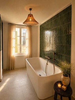 Et moderne badeværelse med et fritstående badekar, en grøn flisevæg, en hængende lampe og et vindue med gardiner.
