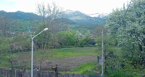 A rural landscape with a wooden fence, a street lamp, and a view of distant mountains.