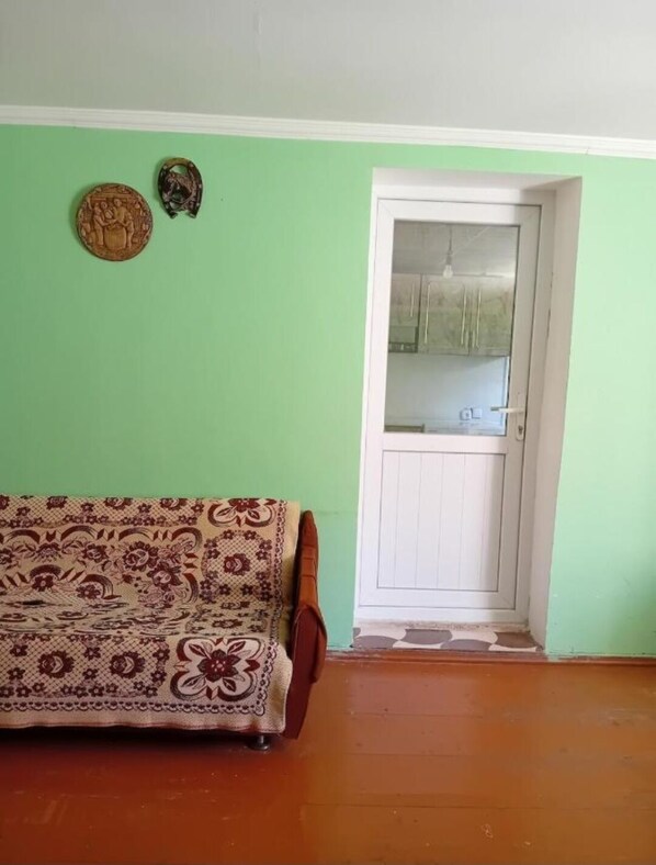 A room with a patterned sofa, a green wall, a white door leading to a kitchen, and a small decorative item on the wall.