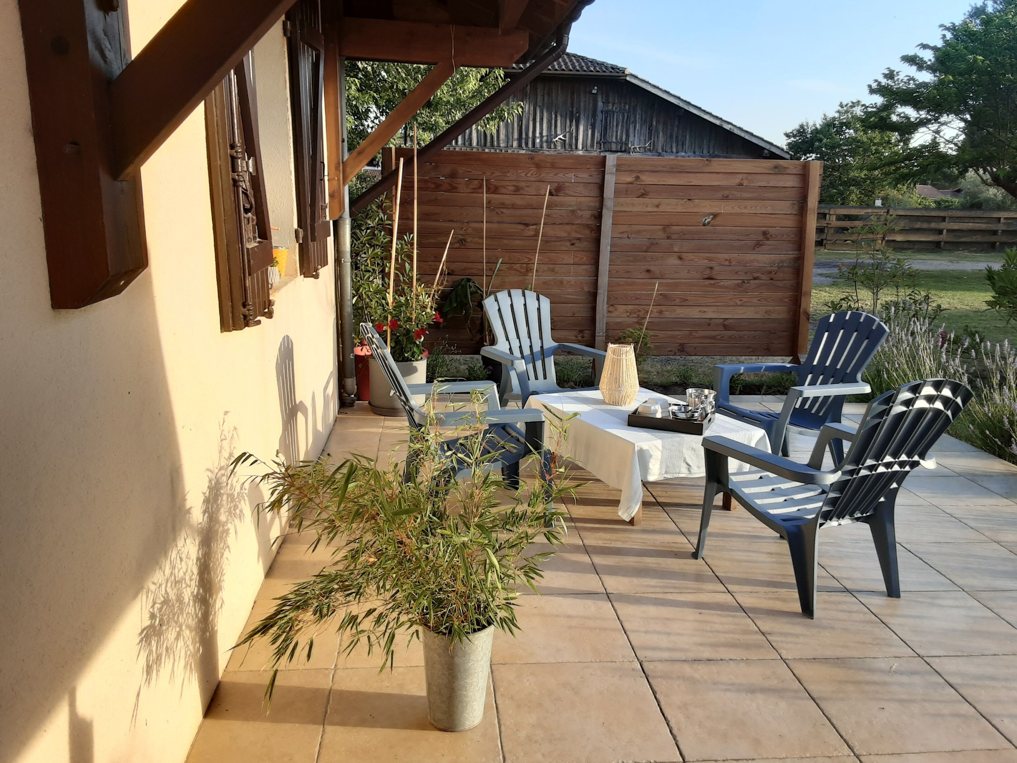 Une terrasse extérieure avec une table, des chaises et des plantes en pot.