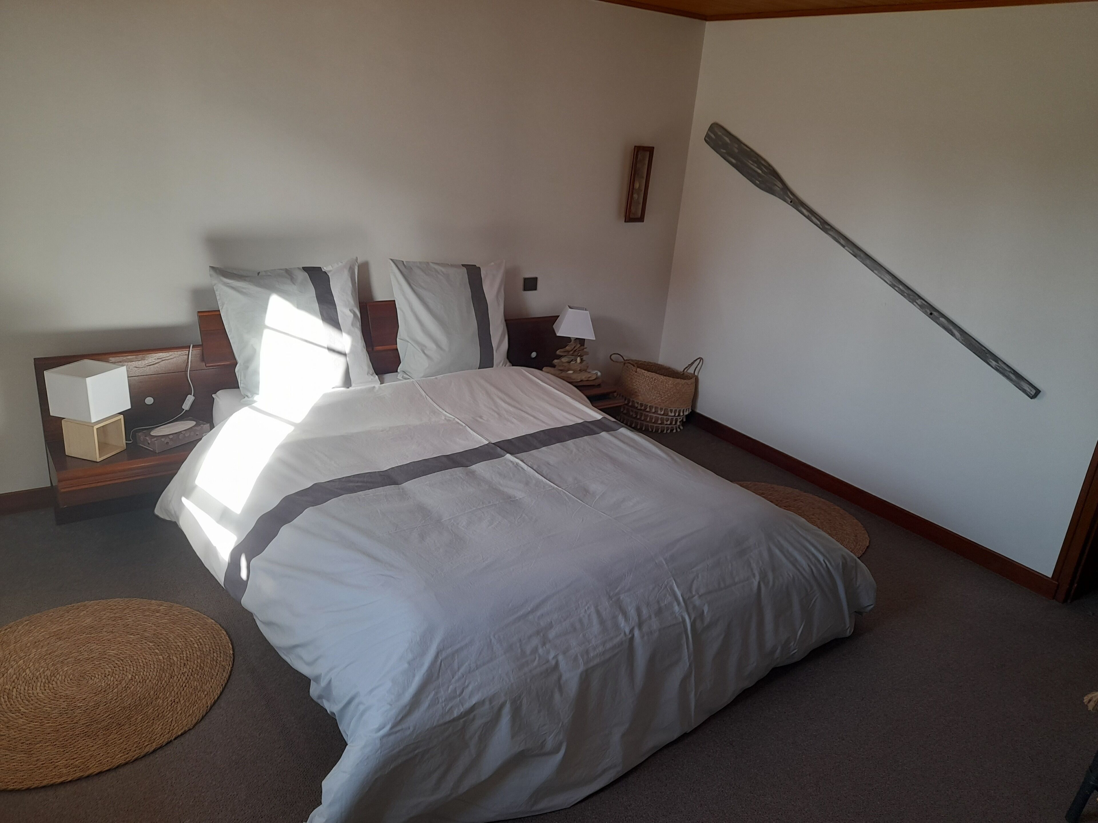 A neatly made bed in a hotel room with a wooden headboard, a bedside table with a lamp, and a wall-mounted paddleboard.
