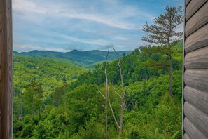 Blick von einer Holzhütte auf einen dichten Wald und sanfte Hügel.