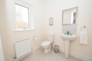 A bathroom with a toilet, sink, mirror, window, and radiator. - Dunmore East Sunrise Meadows (Dunmore East)
