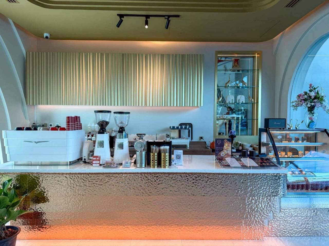 A modern reception area with a counter, coffee machines, and a display case.