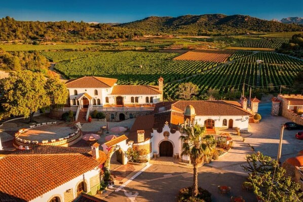 A vineyard estate with terraced fields, a central building with a red-tiled roof, and a courtyard with seating. - Mas Boronat (Salomó)
