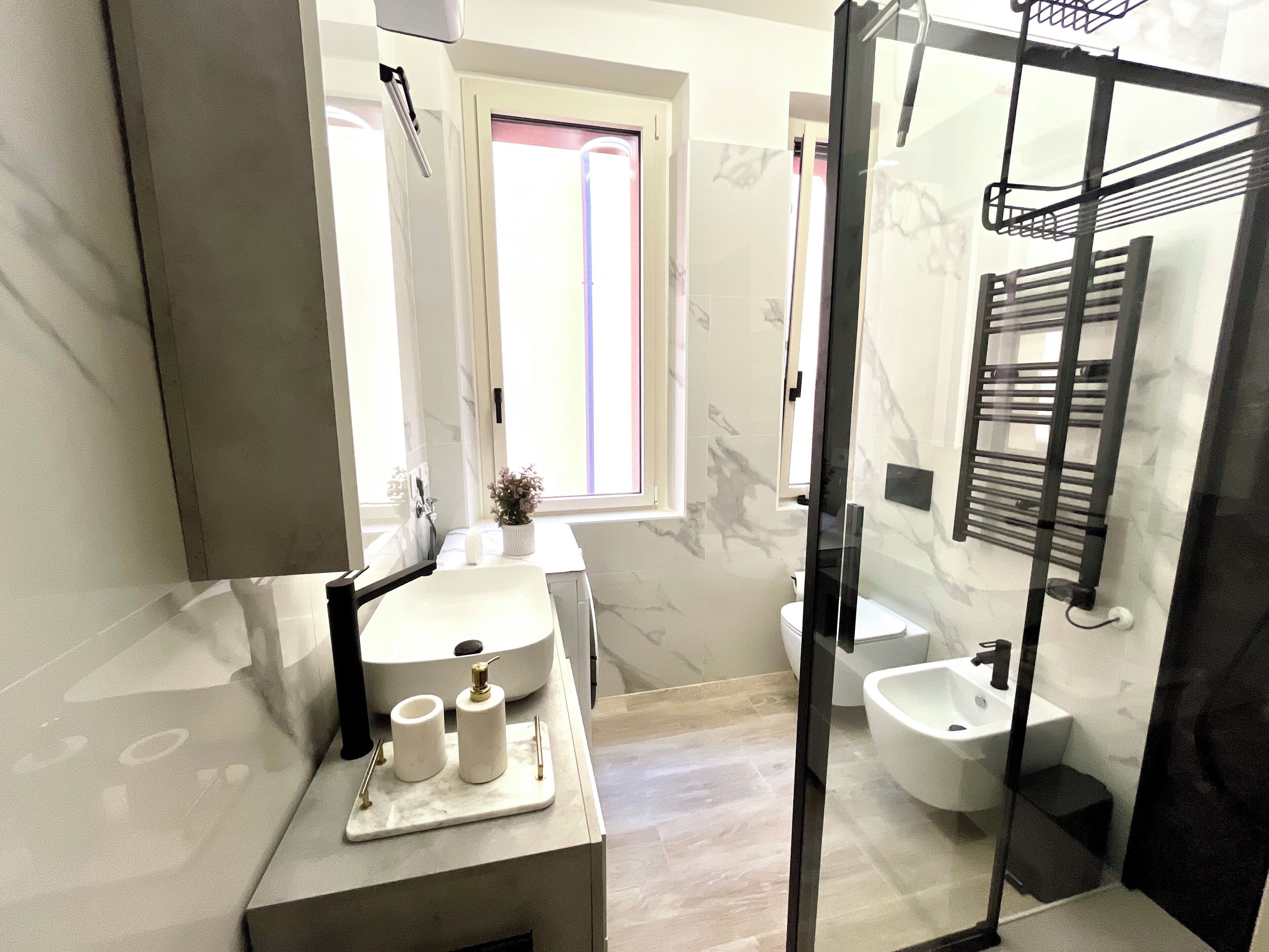 Shower, hair dryer, bidet, towels
