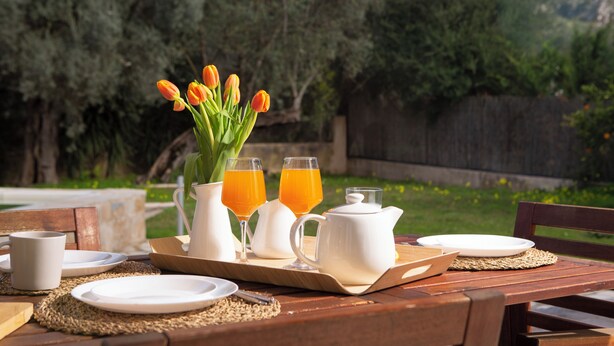 Une table en bois dressée à l’extérieur pour le petit-déjeuner, avec du jus d’orange, des tulipes et une carafe.